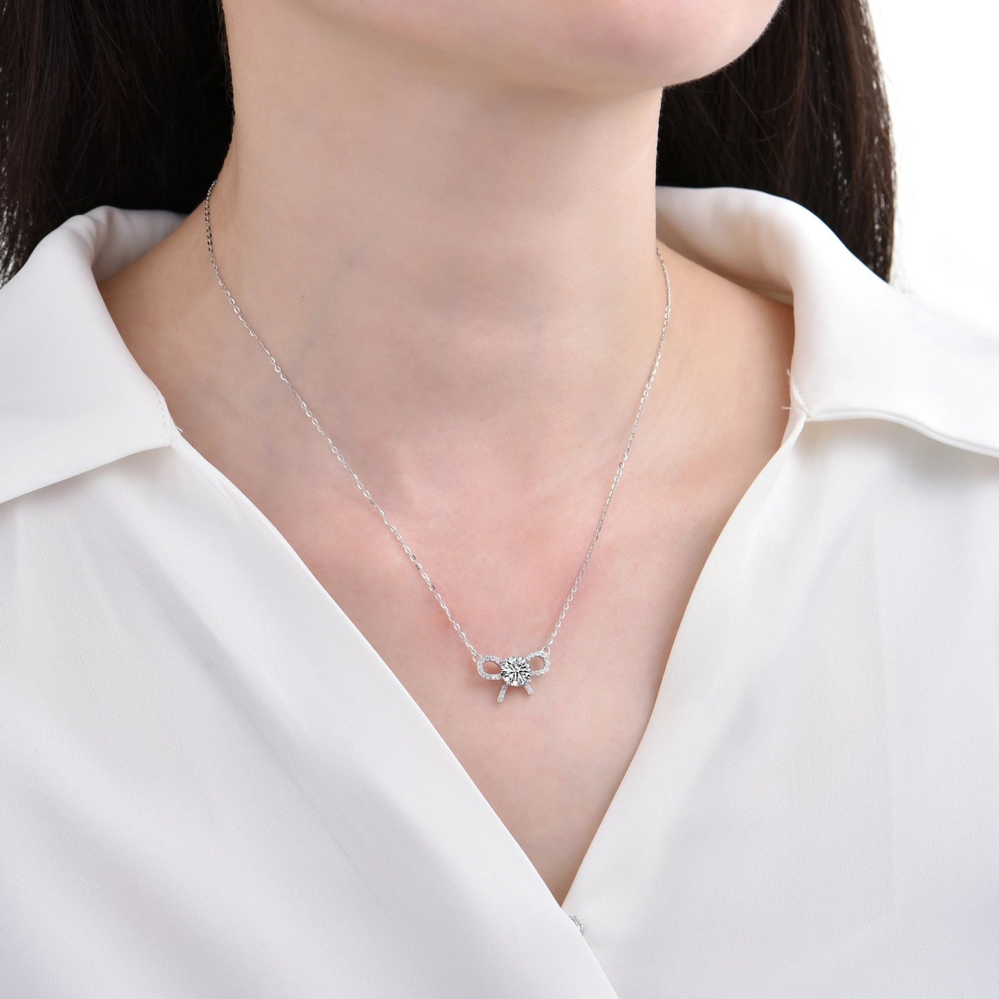 Double layer design cubic zirconia bow necklace - jewelry - weilin.com