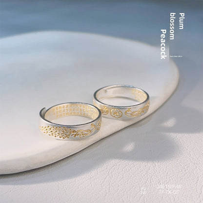 Double Peacock Plum Blossom Heart Open Ring - jewelry - weilin.com