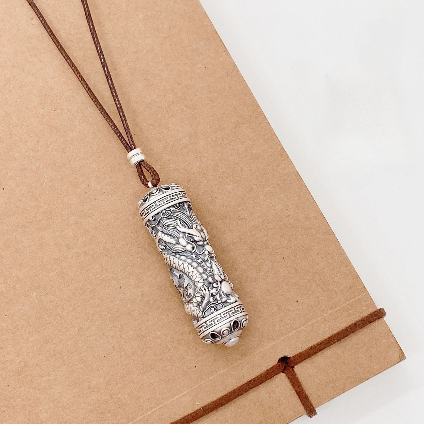 Dragon pattern cylinder sterling silver pendant - jewelry - weilin.com