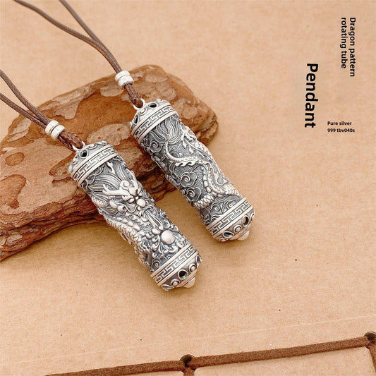 Dragon pattern cylinder sterling silver pendant - jewelry - weilin.com