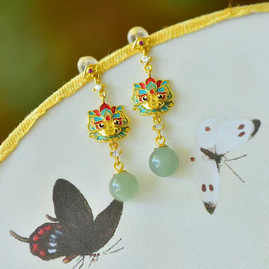 925 Silver Inlaid Hetian Nephrite "All Wishes Come True & Sunny Water Bead" Earrings