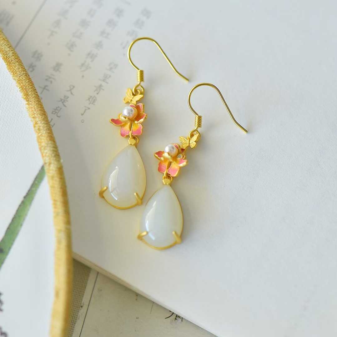925 Silver Inlaid Nephrite "Butterfly & Flower" Teardrop Earrings