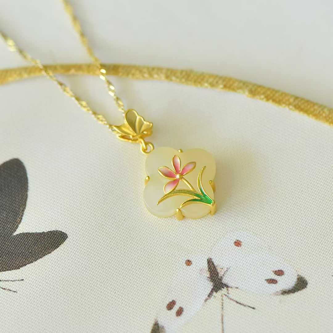 925 Silver Inlaid Hetian Nephrite "Phalaenopsis & Four-Leaf Clover" Pendant