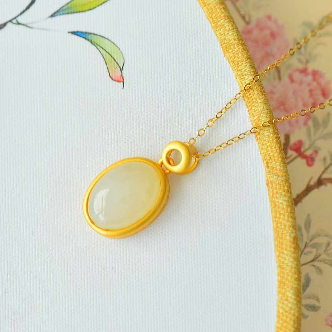 925 Silver-Inlaid Hetian Jade Cabochon Plain Silver Pendant