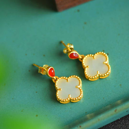 925 Silver Inlaid Nephrite Double-Sided Four-Leaf Clover Earrings