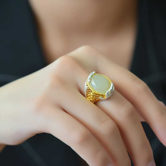 925 Silver Inlaid Hetian Nephrite "Two Dragons Bringing Auspiciousness" Ring