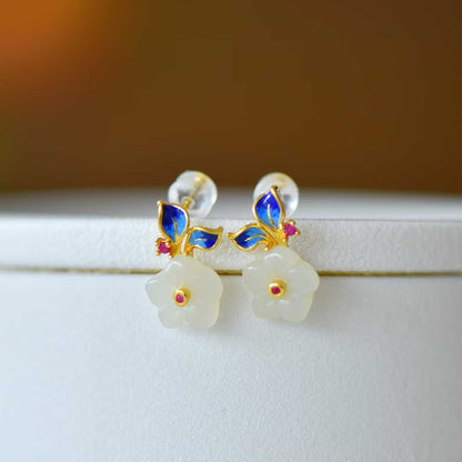 925 Silver Inlaid Nephrite Five-Petal Flower Stud Earrings
