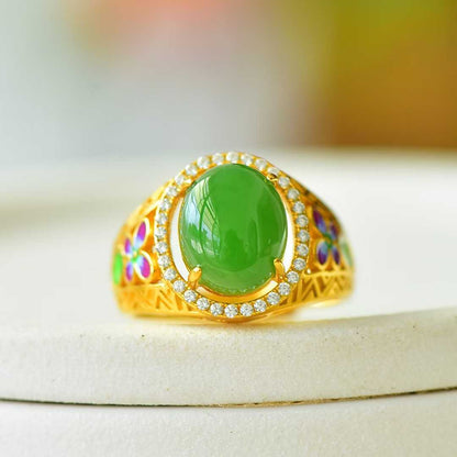 925 Silver Inlaid Blue Enamel, Hetian Spinach Green Nephrite Cabochon & Zircon Ring