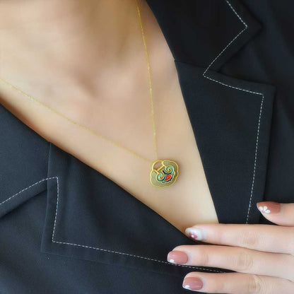S925 Silver Inlaid Nephrite Enamel Ruyi Lock Pendant