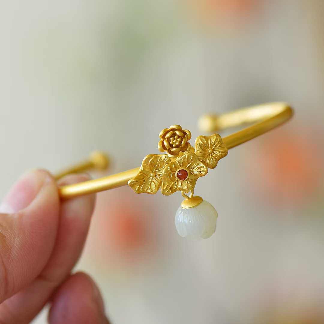 925 Silver Inlaid Hetian Nephrite "Lotus Bead" Bracelet