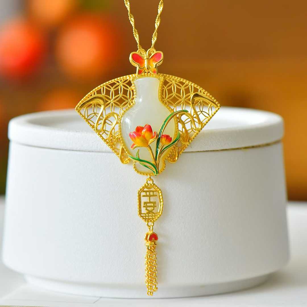 Elegant vintage silver jewelry set featuring peace vase and tassel prosperity symbols