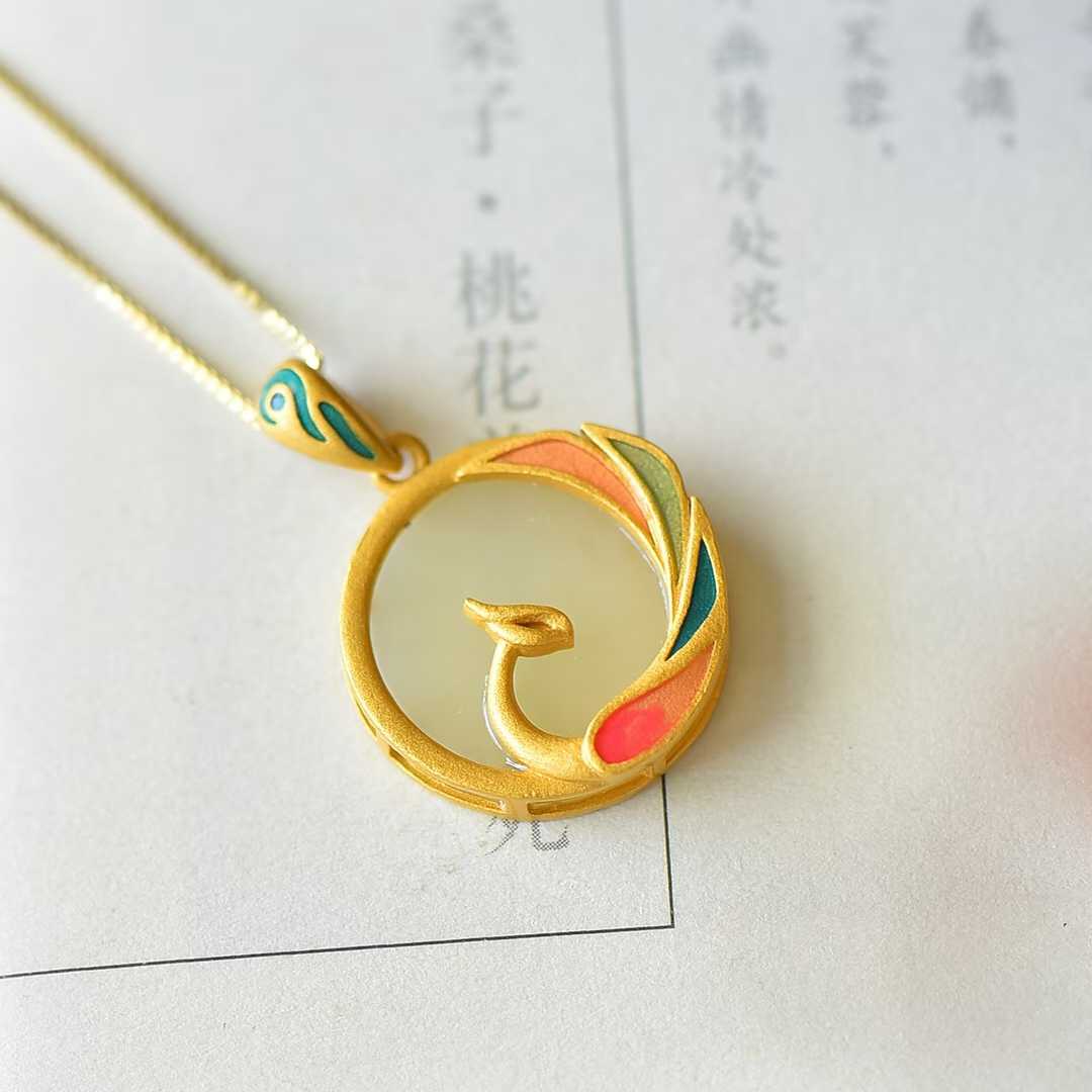 925 Silver Inlaid Nephrite "Phoenix Looking Back" Pendant