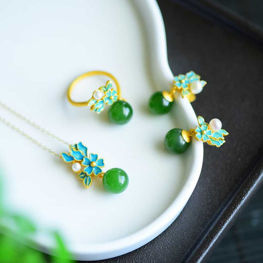  925 silver inlaid green nephrite Everlasting Flower and Dream Recall jewelry set - ancient gold enamel collection