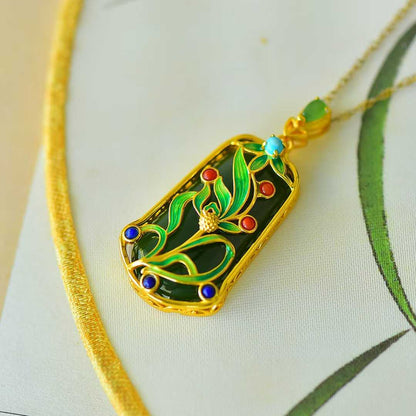 925 Silver-Inlaid Hetian Green Jade Pendant (Trapezoidal Peace Plaque, Magnolia & Flower-Grass Design)