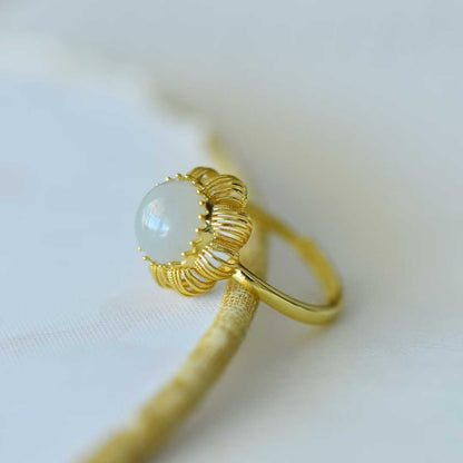 925 Silver Inlaid Hetian Nephrite "Round Drum & Plain Silver Hollow-Out" Ring