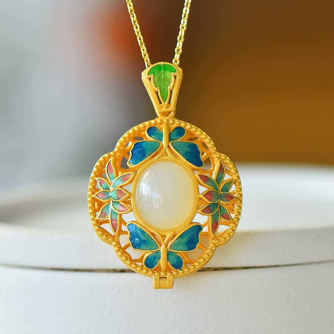 925 Silver-Inlaid Hetian Jade Pendant with Enameled Zircon, "Two Butterflies Flying Together" Design & Scent Sachet Compartment