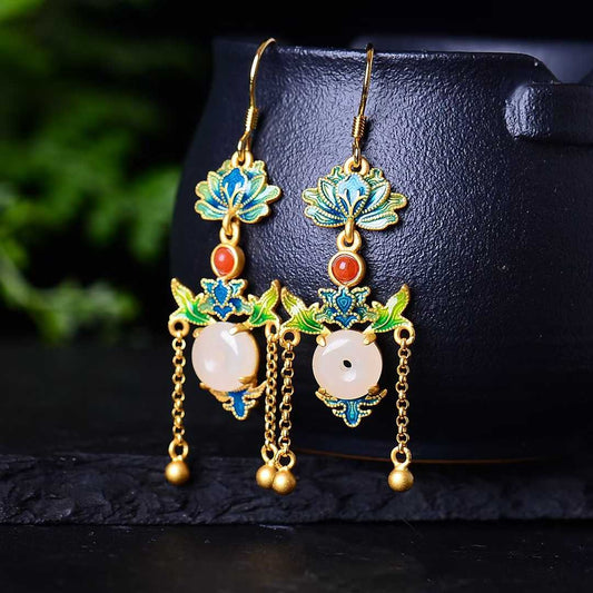 925 Silver Inlaid Nephrite Ping'an Buckle Enamel Earrings