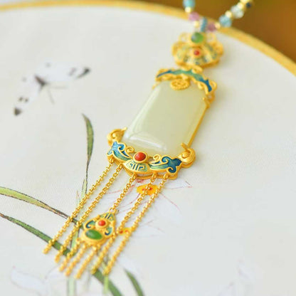 925 Silver Inlaid Hetian Nephrite "Endless Blessings & Tassel" Pendant