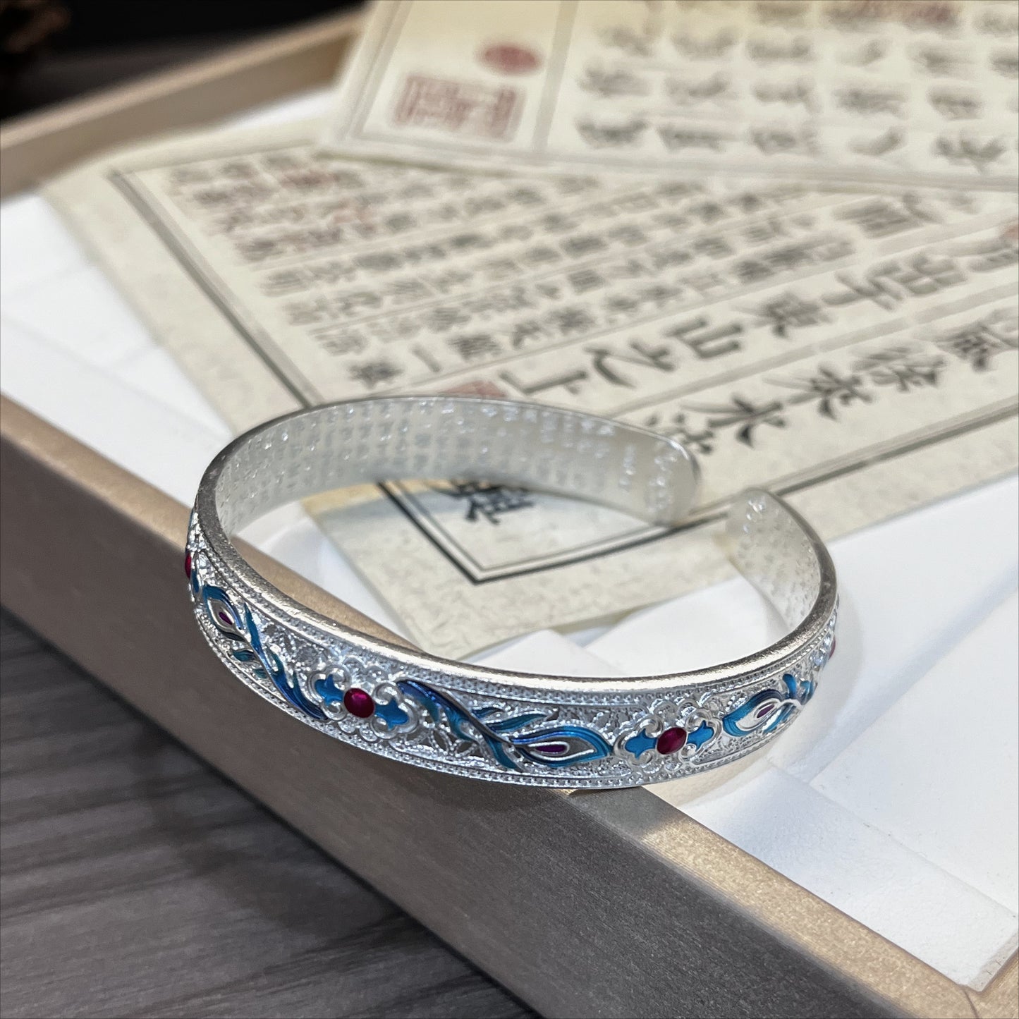 Heart Sutra Ancient Enamel Phoenix Feather Sterling Silver Bracelet