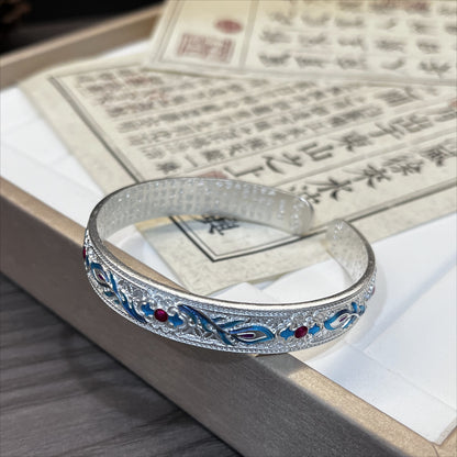 Heart Sutra Ancient Enamel Phoenix Feather Sterling Silver Bracelet