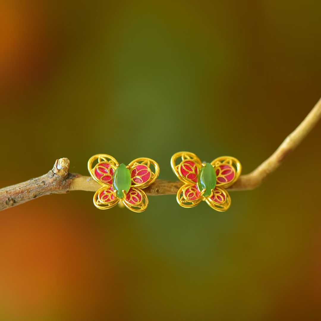 925 Silver Inlaid Hetian Nephrite "Dreamy Butterfly" Stud Earrings