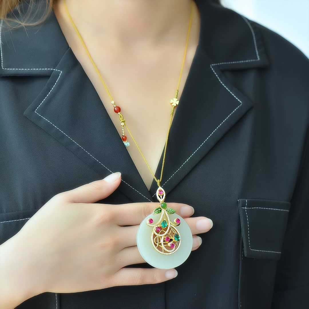 925 Silver Inlaid Hetian Nephrite "Peace Ring" Plain Silver Pendant with Colored Cubic Zirconia