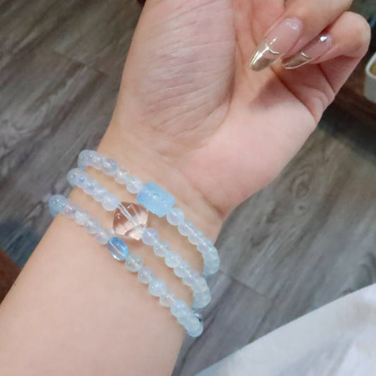 Natural Aquamarine Triple-Wrap Bracelet & Necklace