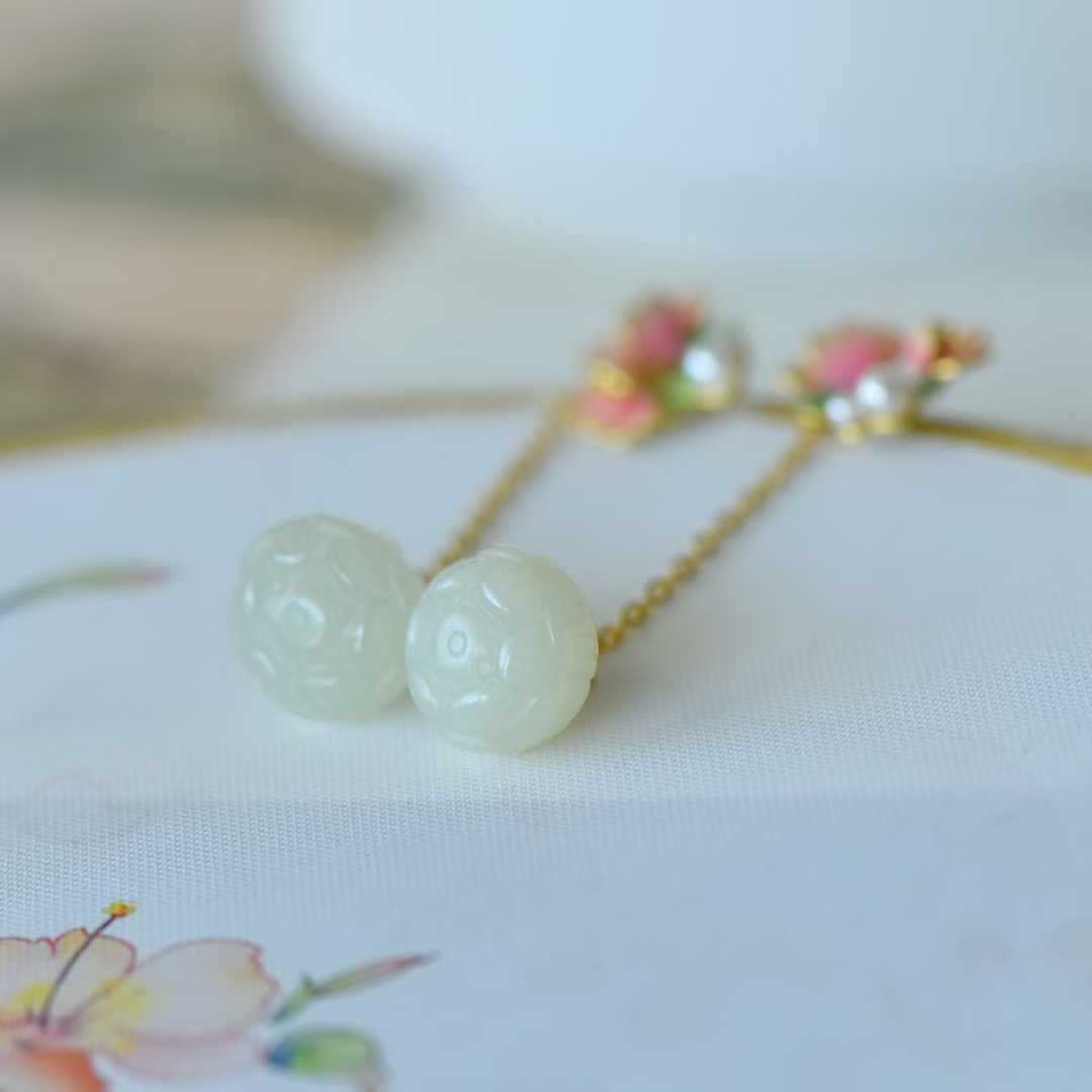 925 Silver Inlaid Hetian Nephrite "Lotus Bead & Lotus Earring"