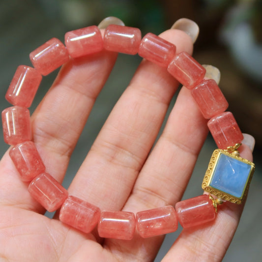 Natural Ice-Grade Rhodochrosite Barrel Bead Bracelet