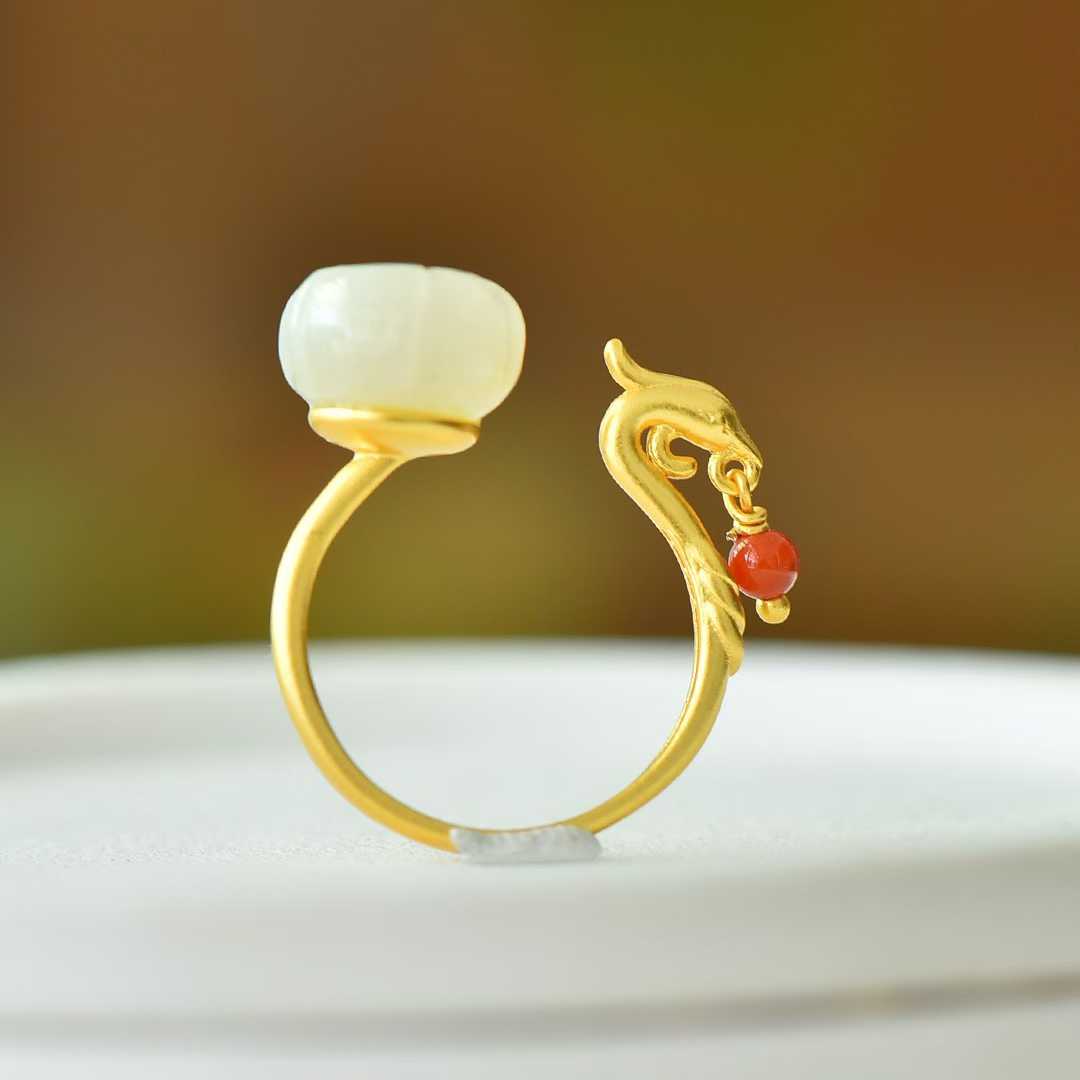 925 Silver Inlaid Hetian White Nephrite "Phoenix Visiting Lotus" Ring with South Red Agate (Plain Silver)