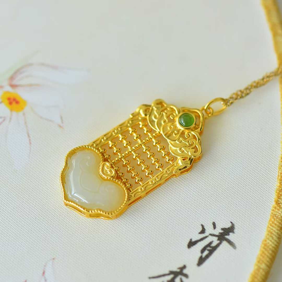 925 Silver Inlaid Hetian Nephrite "Ruyi Abacus" Pendant