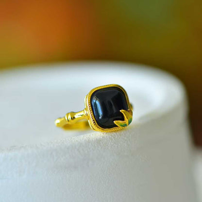 S925 Silver & Hetian Black Nephrite "Small Square Sugar" with Bamboo Joint Ring