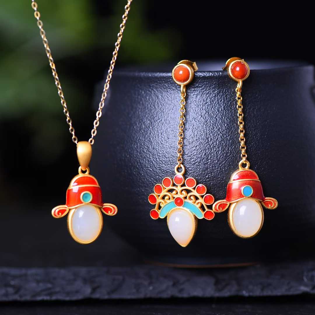 Vintage-style silver and Hetian nephrite jewelry collection with thick matte gold finish