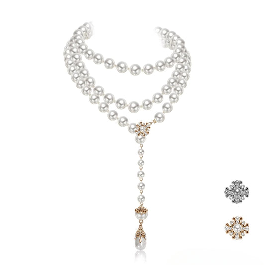 Long pearl necklace with multiple layers