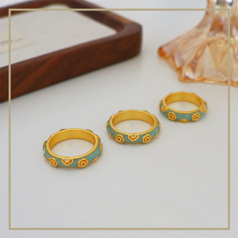 Chinese ancient style micro-inlaid zircon colored oil-drip enamel ring - jewelryweilin