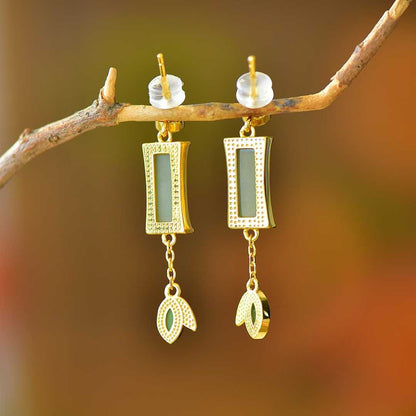 925 Silver Inlaid Hetian Nephrite (Clear Water Variety) "Steady Progress" Stud Earrings