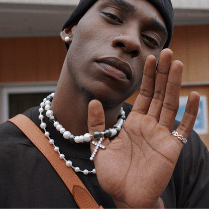 Pearl cross pendant hip hop chain;