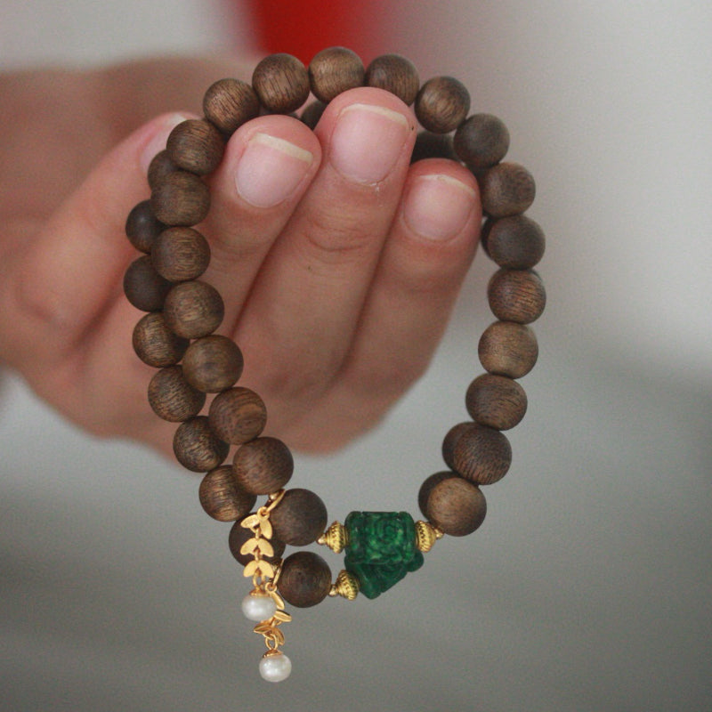 Natural Myanmar Jadeite and Kyara Agarwood Bracelet