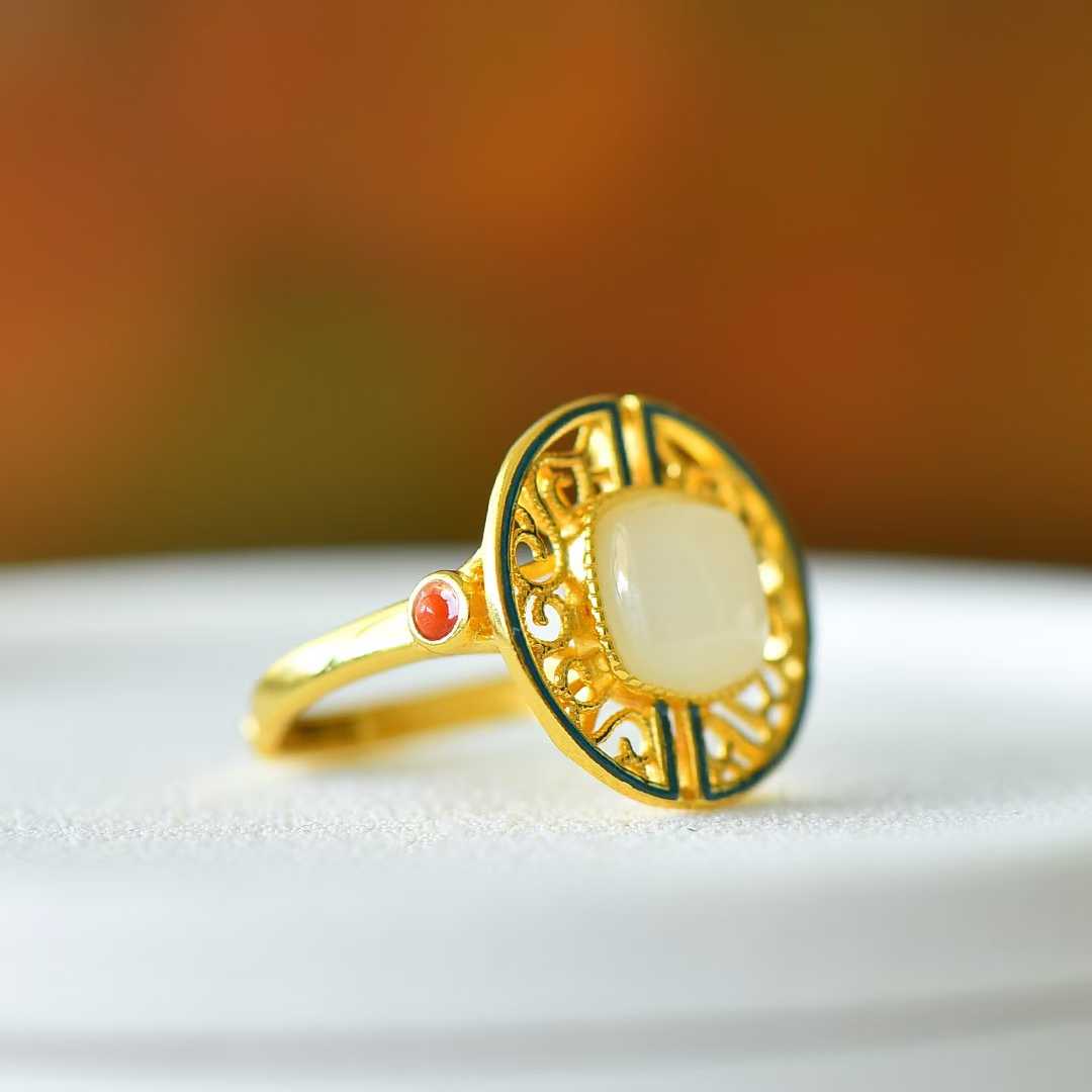 925 Silver Inlaid Hetian Nephrite "Longevity Vine" Ring