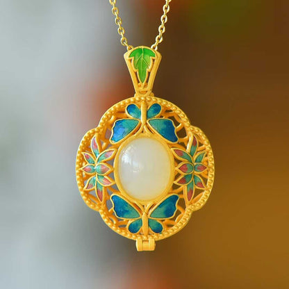 925 Silver-Inlaid Hetian Jade Pendant with Enameled Zircon, "Two Butterflies Flying Together" Design & Scent Sachet Compartment