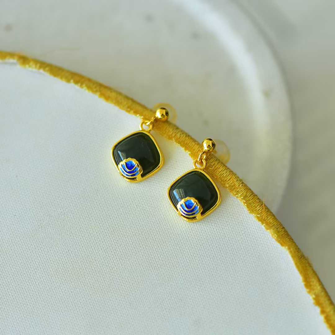 925 Silver Inlaid Hetian Nephrite "Small Square Sugar" Earrings