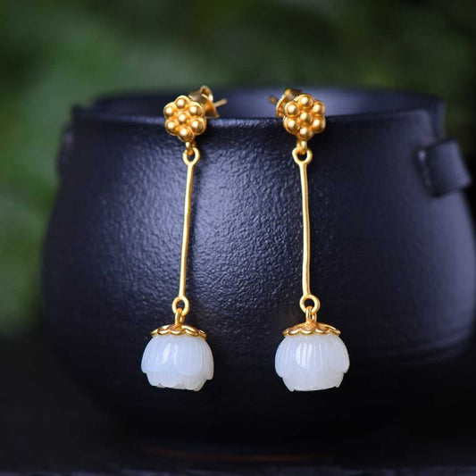 925 Silver Inlaid Nephrite Lotus Seed Pod Earrings