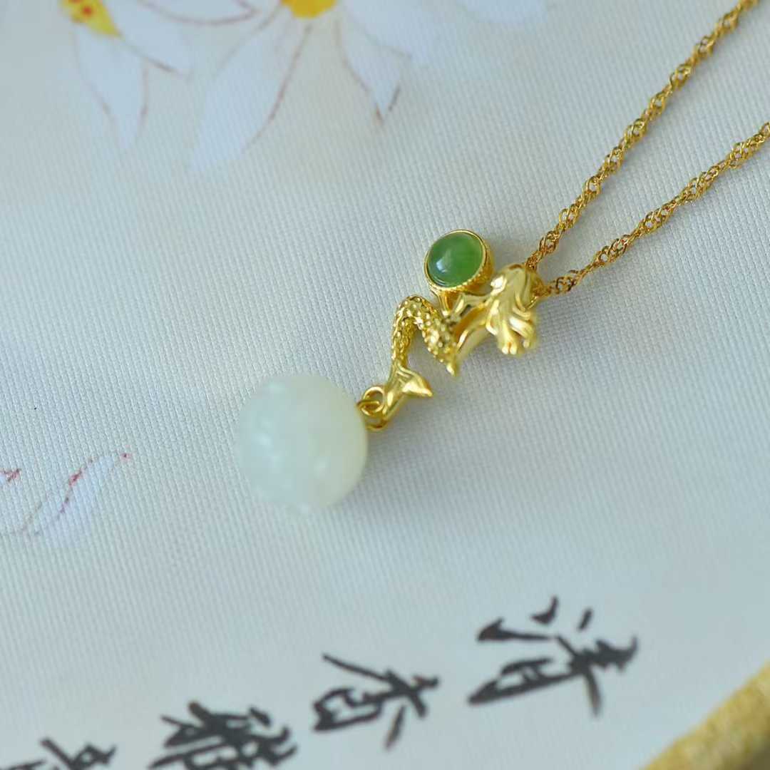 925 Silver Inlaid Hetian Nephrite "Mermaid" Pendant