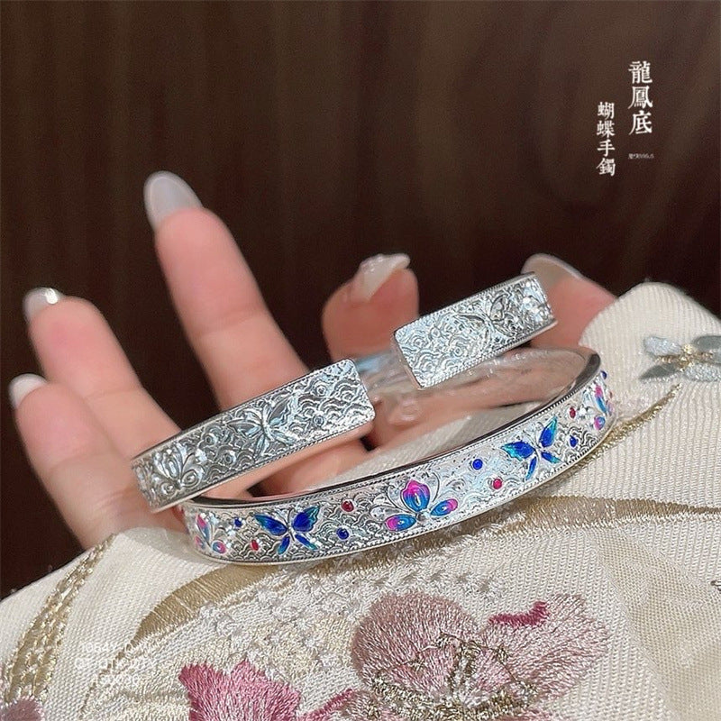 Enamel butterfly, flower, dragon and phoenix sterling silver bracelet