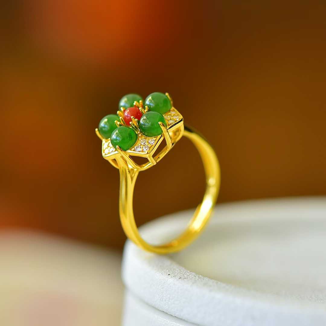 925 Silver Inlaid Hetian Green Nephrite Five-Petal Flower Ring