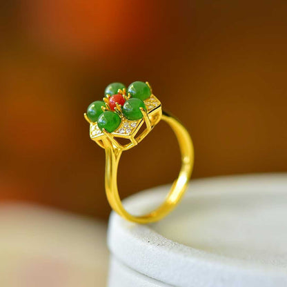 925 Silver Inlaid Hetian Green Nephrite Five-Petal Flower Ring