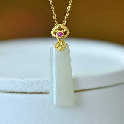 925 Silver-Inlaid Hetian Jade Pendant (Trapezoidal Peace Plaque with Auspicious Clouds & Ruyi Design)