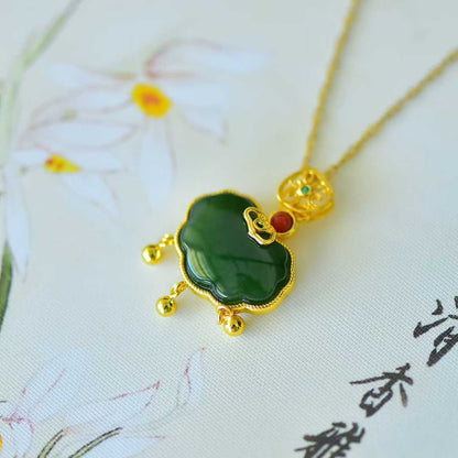 925 Silver Inlaid Hetian Spinach Green Nephrite Ruyi Lock Pendant (with Silver Chain)