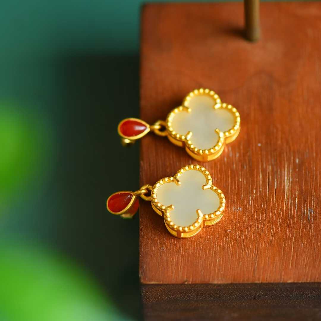 925 Silver Inlaid Nephrite Double-Sided Four-Leaf Clover Earrings