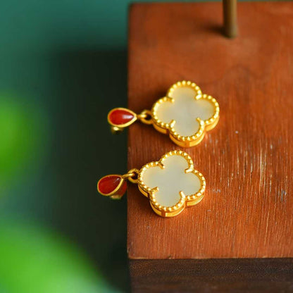 925 Silver Inlaid Nephrite Double-Sided Four-Leaf Clover Earrings